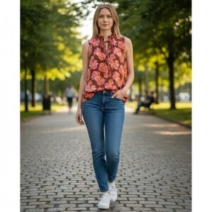 LOFT Sleeveless Pleated Ruffle Split Neck Brown Orange Small